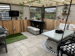 Seating inside Garden room constructed in the Barbecue area of a Leixlip home, County Kildare